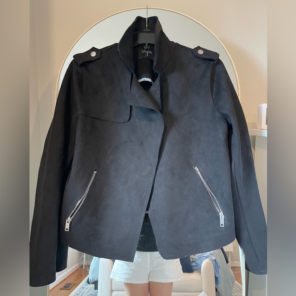 Tahari Black Leather Jacket with Silver Accents